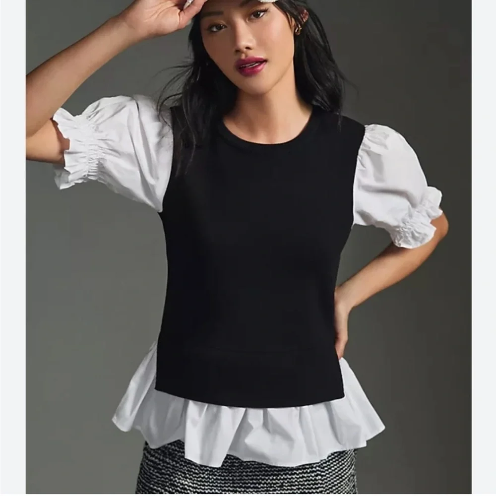 Anthropologie Black and White Ruffle Sleeve Blouse